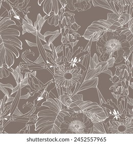 Seamless floral pattern with line tropical flowers and palm leaves and anthurium leaves. Tropical pattern background. Stock illustration.