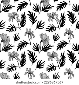 Seamless floral pattern with linear blossoms and leaves. Pencil drawing flowers. Black and white pattern in hawaiian style. Vector plants ornament. 