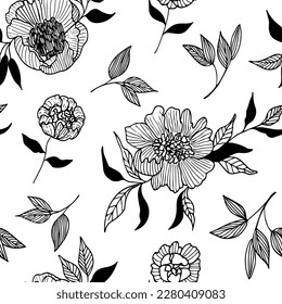 Seamless floral pattern with linear peonies. Hand drawn chinese style black flowers. Doodle botanical wallpaper. Black ink sketch peonies with leaves. Flourish garden texture. Vector ink illustration.