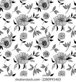 Seamless floral pattern with linear peonies. Hand drawn chinese style black flowers. Doodle botanical wallpaper. Black ink sketch peonies with leaves. Flourish garden texture. Vector ink illustration.