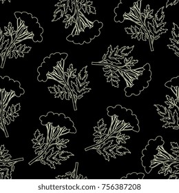 Seamless floral pattern with linear silhouettes of meadow tansy plant. Abstract graphic vintage style. Thin beige outlines on black background.