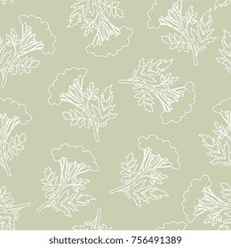 Seamless floral pattern with linear silhouettes of meadow tansy plant. Elegant vintage style. White thin outlines on ecru beige background.