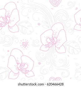 Seamless floral pattern. Linear pattern with tropical flowers and hearts. Orchids background. 