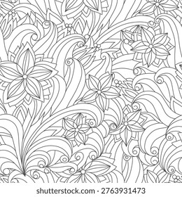 Seamless floral pattern with lines and curve not isolated flowers in black and white colors.