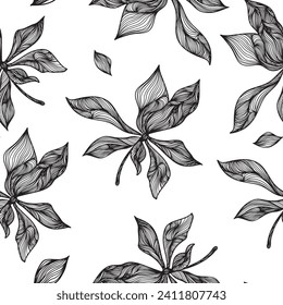 Seamless floral pattern with lines of leaves and flowers. Botanical background. The texture of the colors. Design for fabric.