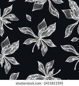 Seamless floral pattern with lines of leaves and flowers. Botanical background. The texture of the colors. Design for fabric.