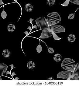 Nahtlose Blumenmuster mit Linokut-Effekt. Natürliche Ornamente aus gewellten Linien auf schwarzem Hintergrund. Zum Bedrucken von Stoffen, Heimtextilien, Tapeten.
