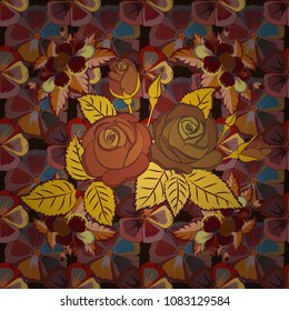 Seamless floral pattern with little abstract roses in yellow, brown and red colors, vector illustration in vintage style.