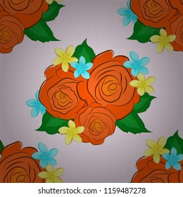 Seamless floral pattern with little abstract roses with green leaves in orange, green and yellow colors, vector illustration in vintage style.