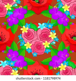 Seamless floral pattern with little abstract roses with green leaves in orange, red and green colors, vector illustration in vintage style.