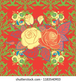 Seamless floral pattern with little abstract roses in yellow, red and green colors, vector illustration in vintage style.