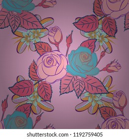 Seamless floral pattern with little abstract roses in orange, pink and blue colors, vector illustration in vintage style.