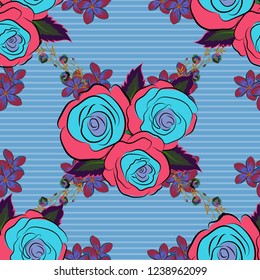Seamless floral pattern with little abstract roses in blue, pink and red colors, vector illustration in vintage style.