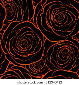 Seamless floral pattern with little abstract roses silhouette in orange colors, vector illustration in vintage style on a black background.