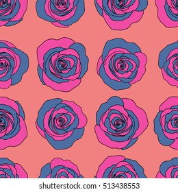 Seamless floral pattern with little abstract roses in blue and pink colors, vector illustration in vintage style.