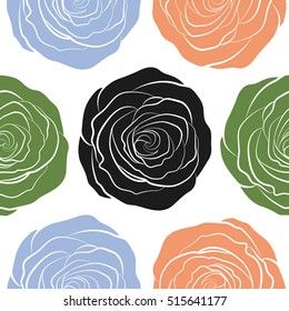 Seamless floral pattern with little abstract roses in green, orange and gray colors, vector illustration in vintage style on a white background.