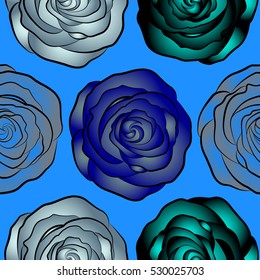 Seamless floral pattern with little abstract roses in black, blue and neutral colors, vector illustration in vintage style.