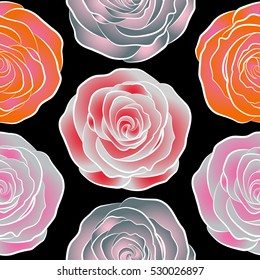 Seamless floral pattern with little abstract roses in pink, gray and neutral colors, vector illustration in vintage style on a black background.