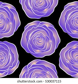 Seamless floral pattern with little abstract roses in beige and violet colors, vector illustration in vintage style on a black background.
