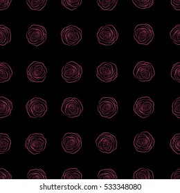 Seamless floral pattern with little abstract roses silhouette in pink colors, vector illustration in vintage style on a black background.