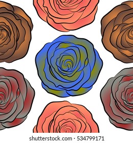Seamless floral pattern with little abstract roses in pink, red and orange colors, vector illustration in vintage style on a white background.
