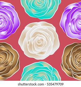 Seamless floral pattern with little abstract roses in pink, violet and beige colors, vector illustration in vintage style.
