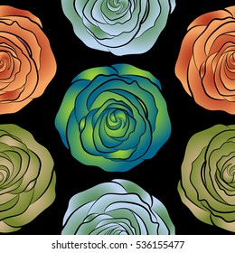 Seamless floral pattern with little abstract roses in orange, yellow and green colors, vector illustration in vintage style on a black background.