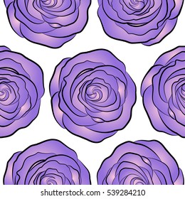 Seamless floral pattern with little abstract roses in violet and neutral colors, vector illustration in vintage style on a white background.