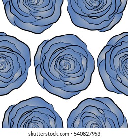 Seamless floral pattern with little abstract roses in neutral and blue colors, vector illustration in vintage style on a white background.