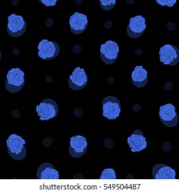 Seamless floral pattern with little abstract roses in blue colors, vector illustration in vintage style on a black background.