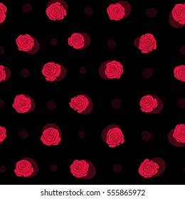 Seamless floral pattern with little abstract roses in red colors, vector illustration in vintage style on a black background.