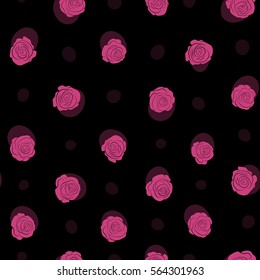 Seamless floral pattern with little abstract roses in magenta colors, vector illustration in vintage style on a black background.