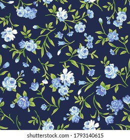 Seamless floral pattern with little blue roses, vector illustration in vintage style.
