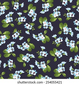 Seamless floral pattern with little blue flowers on black fonts.