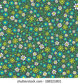 Seamless floral pattern. Little flowers on dark background. Vector illustration