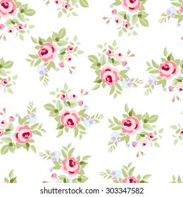 Seamless floral pattern with little flowers pink roses, vector floral illustration in vintage style.