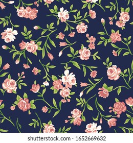 Seamless floral pattern with little pink roses, vector illustration in vintage style.