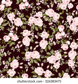 Seamless floral pattern with little pink roses, on black background.