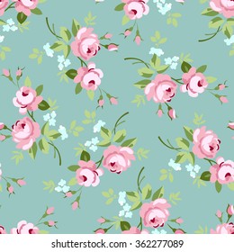 Seamless floral pattern with little pink roses, vector illustration in vintage style on green fonts