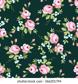 Patrón floral sin fisuras con pequeñas rosas rosadas, ilustración vectorial en estilo vintage en fuentes verdes