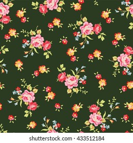 Seamless floral pattern with little pink roses, on black background.