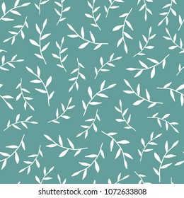 Seamless floral pattern with little  white blades of grass. Floral texture on turquoise background. Hand drawn shabby sprigs with sharp leaflets. For printing on fabric or paper. Vector illustration