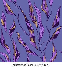 Patrón floral sin foco con hojas largas sobre un fondo cuadrado de color arándano. Dirección vertical del dibujo. Se utiliza para imprimir en papel, tela, embalaje, papel pintado. Eps10.