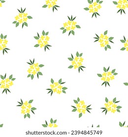 Seamless floral pattern, loose print with beautiful botany sketch. Artistic botanical design: small hand drawn flowers, tiny leaves on a white background. Vector illustration.