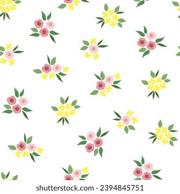 Seamless floral pattern, loose print with beautiful botany sketch. Artistic botanical design: small hand drawn flowers, tiny leaves on a white background. Vector illustration.