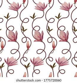 Seamless floral pattern with lotos flowers and swirls.