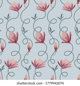 Seamless floral pattern with lotos flowers and swirls.