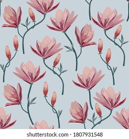 Seamless floral pattern with lotos flowers on blue background.