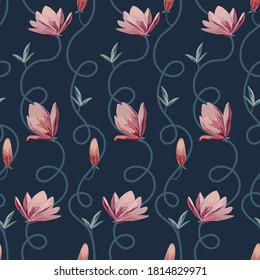 Seamless floral pattern with lotos flowers and swirls.