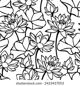 Nahtlose Blumenmuster mit Lotusblumen und Blättern. Schwarz-Weiß-Kunstmuster. Vektorfloraldruck. Handgezeichnete Illustration, nicht AI